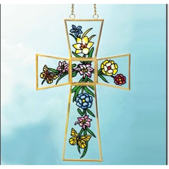 Hand Painted Glass Cross - Floral Butterflies - Avon Collectible 2014 - Picture 1 of 10